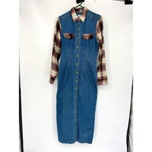 Vintage Denim Plaid Sleeve Button Front Midi Dress Western Cottagecore Y2K